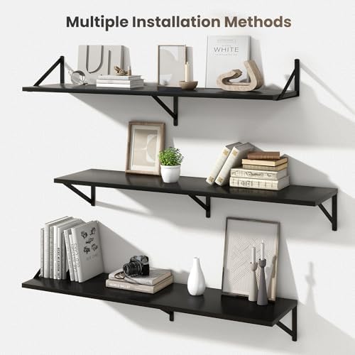 Marsmiles Deep Floating Shelves, 48'' x 12'' Black Wood Shelves Set of 2