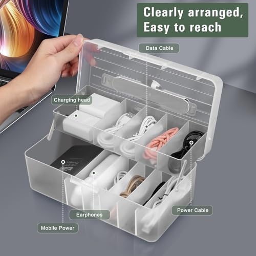 FYY Cord Storage Organizer Box - 11 Compartment Frosted Clear Cable Storage Organizer With Lid, High Capacity Dustproof 