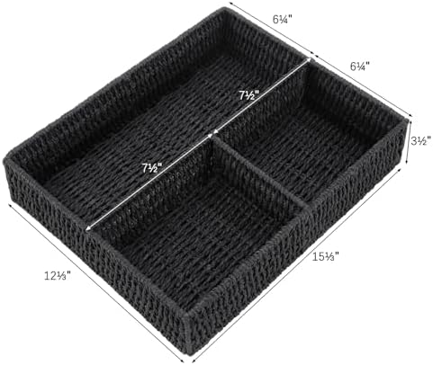 Vagusicc Wicker Divided Storage Basket, Black Wicker Baskets, Basket for Shelves Drawer Organizing, 3 Section Rectangula
