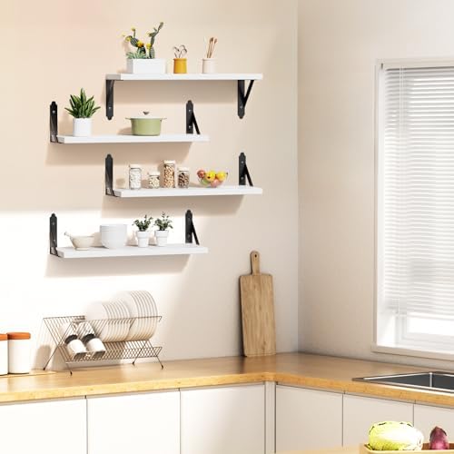 ROMGUAR CRAFT Wood Wall Floating Shelves Set of 4, 17" x 6" - White