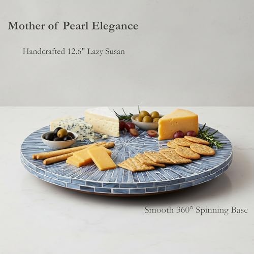 PEMAR 12.6” Handcrafted Mother of Pearl Blue Starburst Lazy Susan – Rotating Centerpiece for Dining Table, Elegant Beach