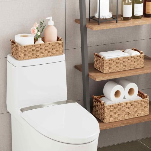 Vagusicc Wicker Storage Basket, Set of 2 Hand-Woven Paper Rope Wicker Basket for Organizing with Handle Decorative Stora
