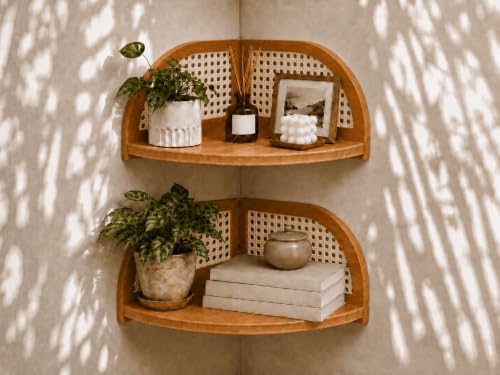 2 Pack Arched Boho Corner Shelf, Rattan Floating Wood Wall Shelves