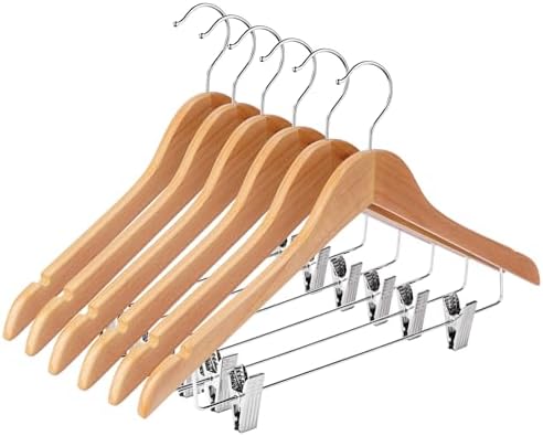 Wooden Hangers with Clips 24 Pack Wooden Pants Hangers,Skirt Hangers with Adjustable Clips,Hangers for Pants,Jeans,Slacks,Shorts（Natural）