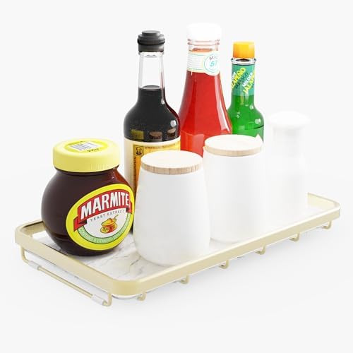 Counter Organizer for Bathroom, Kitchen or Coffee Bar, Metal Shelf with Faux Marble, Vanity Countertop Makeup Storage, D