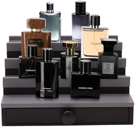 4 Tier Men's Cologne Organizer, Black Gray Wood Display Stand with Drawer