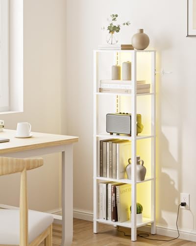 Open Book Shelf with LED Lights, 5 Tier Tall Bookshelf, Freestanding Shelf Narrow Bookcase with Open Shelves, 14.96" x 1