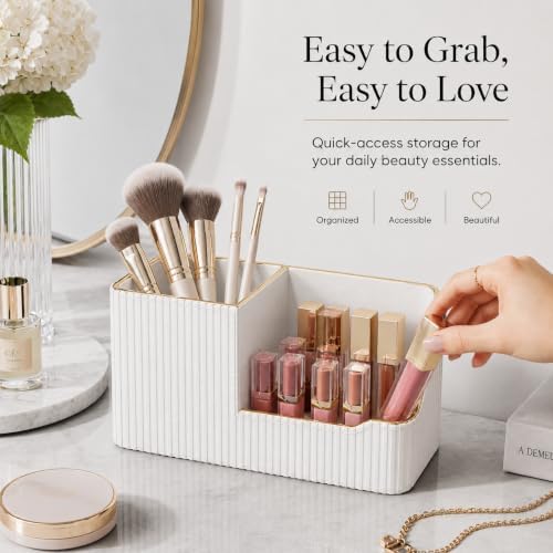 GORESE Leather Makeup Brush Holder with Lipstick Organizer, Ivory White