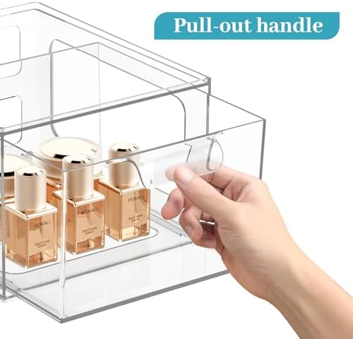 SpaceHacks 4 Pack Stackable Plastic Makeup Organizer Drawers, Acrylic Organizers, Clear Storage Bins with Pull-Out Handl