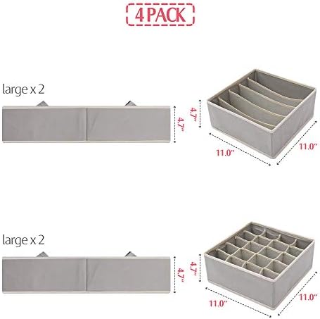 DIOMMELL Set of 4 Foldable Cloth Storage Box Closet Dresser Drawer Organizer Fabric Baskets Bins Containers Divider for Clothes Underwear Bras Socks Lingerie Clothing, Grey 22-0000