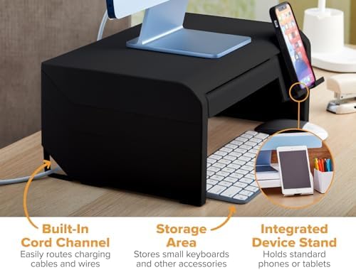 Bostitch Konnect Adjustable Monitor Riser with Drawer & Cell Phone Holder, Laptop Stand for Desk, 4 Height Levels, Cable