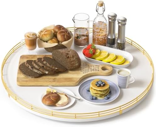 Oroyutor 18-Inch Large Oak Lazy Susan Organizer, Gold and White