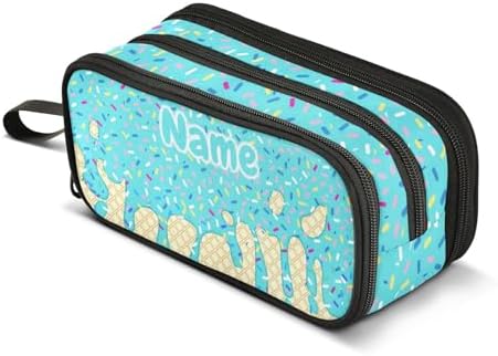 Custom Teal Blue Ice Cream Print Pencil Case Box Boys Girls Personalized Name Large Pencil Pouch Stationery Pen Bag Organizer for Kids Adults School Office