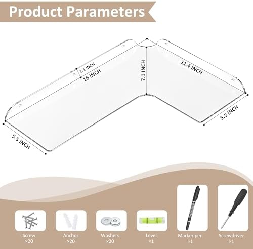 Sezanrpt 11.4x16 Inch Acrylic Corner Floating Shelf Set of 4, Clear Corner Wall Shelf for Home Décor, Speakers, Security