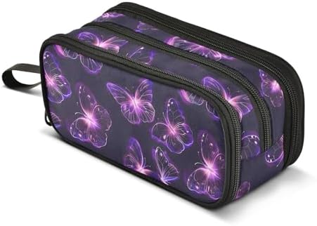 Butterflies Purple Neon Pencil Case Box Boys Girls Large Pencil Pouch Zipper Compartments Big Capacity Stationery Pen Bag Organizer for Kids Teens Adults School Office