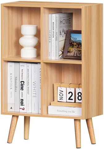 LEYAOYAO 4 Cube Bookshelf, 2-Tier Bookcase with Legs, Natural Kids Book Shelf Cute Storage Organizer, Free Standing Open