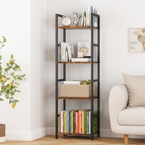4 Tier Bookshelf, Narrow Storage Organizer for Small Space, Brown
