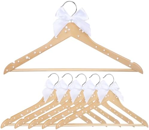 Wonderjune White 10 Pcs Bride Hanger for Wedding Bride Groom Bridesmaid Ribbon Bow Pearl Hanger Wood Color Elegant Wooden Dress for Bridal Shower Tuxedo Photo Keepsake Party Gift (Pearl Bow)