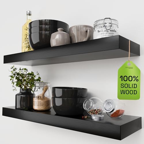 Solid Wood Floating Shelves for Wall 24 inch Black, Wooden Bathroom Shelf