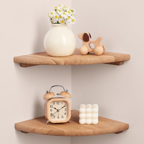 Gieanoo Floating Corner Shelves for Wall Set 2 10inch Solid Oak Rounded Corner Shelves Wall Mounted with Cable Hole Wood