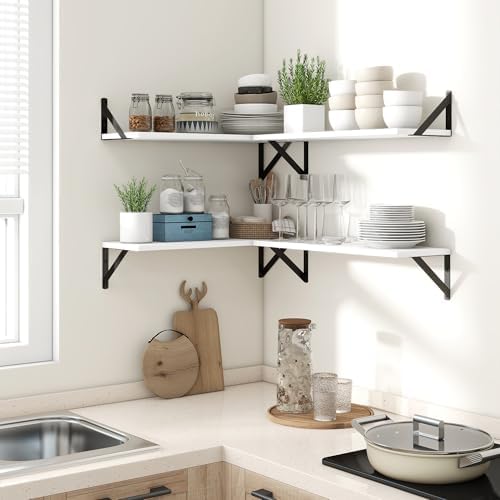Axeman 32 Inch Floating Shelves, 8 Inch Deep White Wall Shelves Set of 2