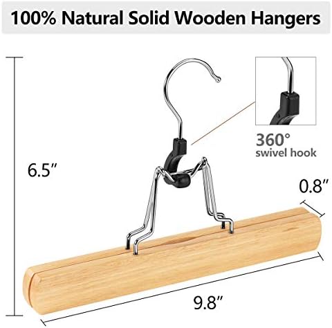 AMKUFO 20 Pack Natural Wooden Pants Hangers with Clips Non Slip Skirt Hangers Trouser Clamp Hanger Solid Wood Hanger with 360° Swivel Hook