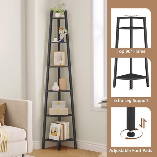 Hoctieon Corner Shelf, 6-Tier Corner Bookshelf, Rustic Ladder Shelf, Industrial Display Stand for Living Room, Kitchen, 