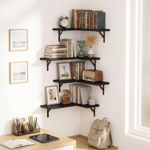Amada Corner Floating Shelves, Paulownia Wood, Set of 4, Black