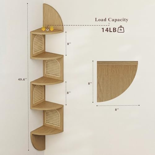 5-Tier Floating Corner Shelves for Wall, Zigzag Corner Shelf Unit, PVC Rattan Sides, Space-Saving, for Kitchen, Living R