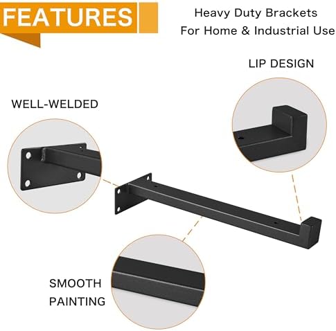 EZYDECOR 6Pcs Heavy Duty Shelf Brackets with Lip Black 10"/250mm
