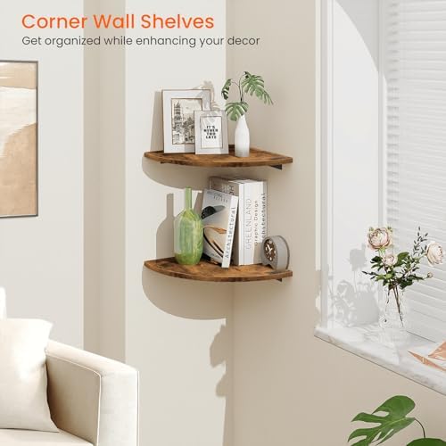 Homode Corner Shelf Wall Mount, 12 Inch Wood Floating Corner Shelves with Cord Hole, Set of 2 Large Corner Hanging Shelv