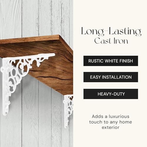 NACH Metal Shelf Brackets, Small Shelf Brackets for Wood Shelves Set of 4, Antique White Cast Iron Wall Shelf Support, V