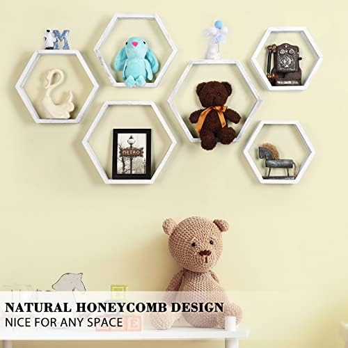 Hexagon Floating Shelves Set of 6, Wall Mounted Wood, Grey