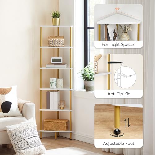 HOOBRO Corner Shelf Stand, Industrial 6-Tier Wall Corner Bookshelf with Metal Frame, Plant Display Shelf, Bookcase for S