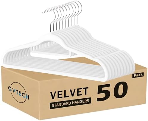 GVTECH Premium Velvet Hangers, [50 Pack] Non Slip and Heavy Duty Velvet Suit Hangers (45cm) with Tie Bar, 360° Swivel Hooks, Sturdy to Hold Jumper, Pullovers, Jackets & Hoodies (White, 50 Pack)