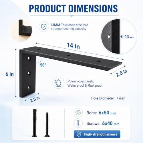 WINKER Countertop Support Bracket 3 Pack Heavy Duty 1/2" Thick Hidden L Shelf Bracket 14" x 6" x 2.5" Metal Corbels for 
