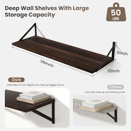 Marsmiles Deep Floating Shelves, 36'' x 12'' Dark Wood Shelves Set of 2