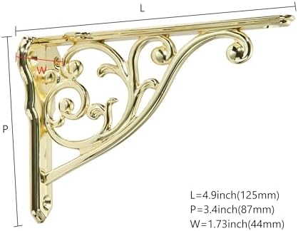 Ornate Decorative Shelf Brackets 5x3.5 inch Small Wall Mounted Shelving Bracket 4 Pack Polished Brass Vintage Shelf Brac