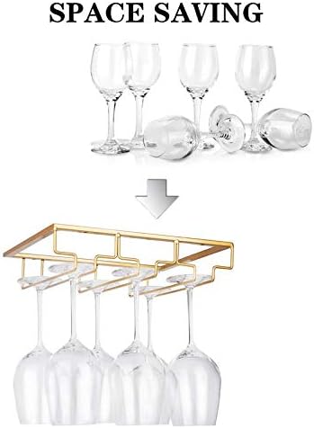 FOMANSH Wine Glass Rack - Under Cabinet Stemware Wine Glass Holder Glasses Storage Hanger Metal Organizer for Bar Kitchen Gold