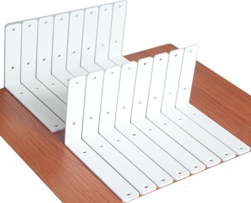 16 Pack - L 8" x H 6" x W1.5, 5mm Thick White L Shelf Bracket, Iron Shelf Brackets, Metal Shelf Brackets, Floating Shelf