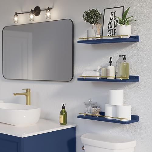 WOPITUES Floating Shelves for Wall Decor Set of 3, Gold in Navy Blue