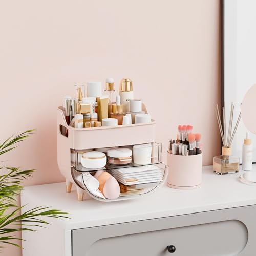 Yieach Pink Make up Organizers for Counter,Vanity and Dresser,Bathroom Makeup Organizer Countertop,Large Makeup Storage 