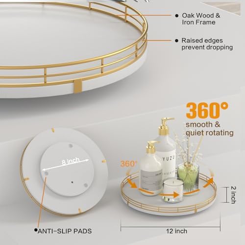 Oroyutor 12-Inch White Wooden Lazy Susan Spice Organizer with Gold Rail
