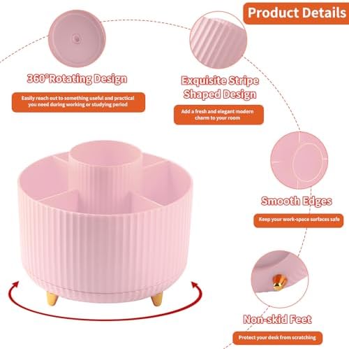 Desk Pencil Pen Holder, 5 Slots 360°Degree Rotating Organizers for Desk, Desktop Storage Stationery Supplies Organizer, Cute Cup Pot Office, School, Home, Art Supply, Pink