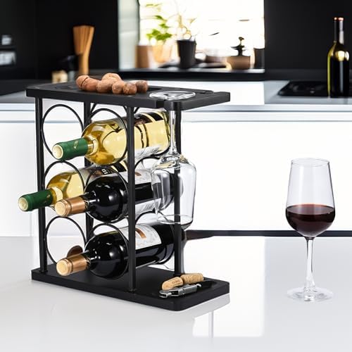 ALLCENER Modern Wine Rack Countertop, Matte Black 6 Bottle Wine Rack with Glass Holder, Metal Wine Holder Stand with She