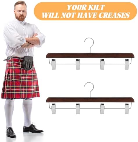 DoubleFill 2 Pcs Kilt Hanger 20 Inches Wooden Duty Skirt Hangers with 4 Clips for Closet (Nut Brown)
