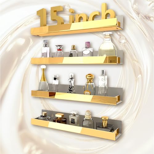4 Pack 15 Inch Gold Reflective Acrylic Shelves, Gold Foating Shelves, Modern Sunglasses Essential Oil Picture Ledge Display Toy Storage Shelf