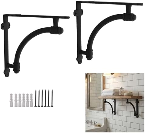 Mystic Colonial Cast Iron Shelf Brackets, Industrial Pipe Style Decorative Wall Shelf Supports, 9.25 x 9.37 Inch, Black 