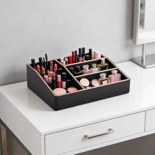 PU Leather Makeup Organizer Tray,Large Vanity Organizer,Cosmetic Storage Box for Lipstick Brushes Skincare Perfume,Cosme
