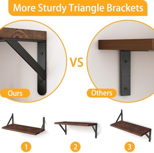 YGEOMER 4 Different Sizes Floating Shelves for Wall, Dark Carbonized Pine